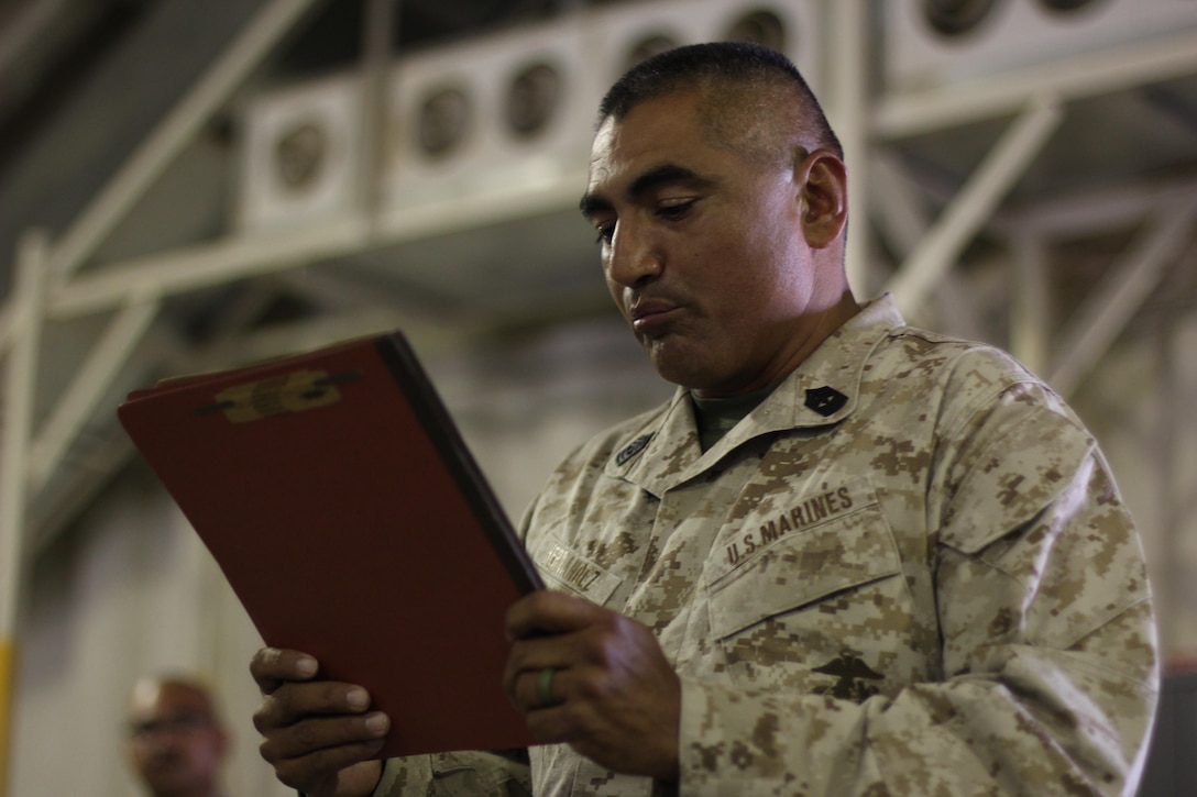 First Sergeant Emilio Hernandez reads the U.S. Marine Corps Commandant’s message to the sailors at Camp Wilson, Calif., Oct. 13, 2016. General Robert B. Neller, the Commandant of the Marine Corps wrote to the U.S. Navy, “Happy 241st Anniversary to the world’s greatest Navy. Know that all Marines join you in celebrating your proud legacy and are honored to serve with you since 13 Oct. 1775.” 1st Sergeant Emilio Hernandez is the first sergeant for Headquarters Company, 4th Marine Regiment, 3rd Marine Division. (U.S. Marine Corps photo by Lance Cpl. Juan A. Soto-Delgado)
