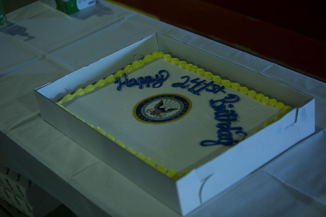 The 241st Navy birthday cake from the Marines to the sailors displayed before the cutting of the cake ceremony at Camp Wilson, Calif., Oct. 13, 2016. The Navy was established on Oct 13, 1775 making this year the 241st anniversary since its commissioning. Marines and sailors from 1st Battalion, 2nd Marine Regiment, 2d Marine Division and 4th Marine Regiment, 3d Marine Division gathered for the reading of the commandant’s message and the cutting of the cake ceremony, signifying the passing of Naval heritage from the oldest to the youngest sailor among the units. (U.S. Marine Corps photo by Lance Cpl. Juan A. Soto-Delgado)