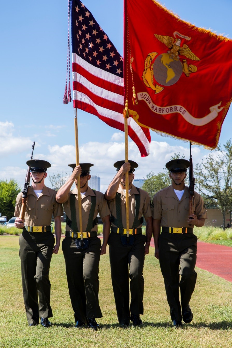Marines from the Headquarters Battalion, Marine Forces Reserve, march on the colors during the U.S. Navy’s 241st birthday celebration at Marine Corps Support Facility New Orleans, Oct. 12, 2016. This year’s birthday theme was “American Sailor: Tough, Bold and Ready,” which represents the Sailors dedication to the nation and continuous state of readiness. (U.S. Marine Corps photo by Cpl. Melissa Martens/ Released)