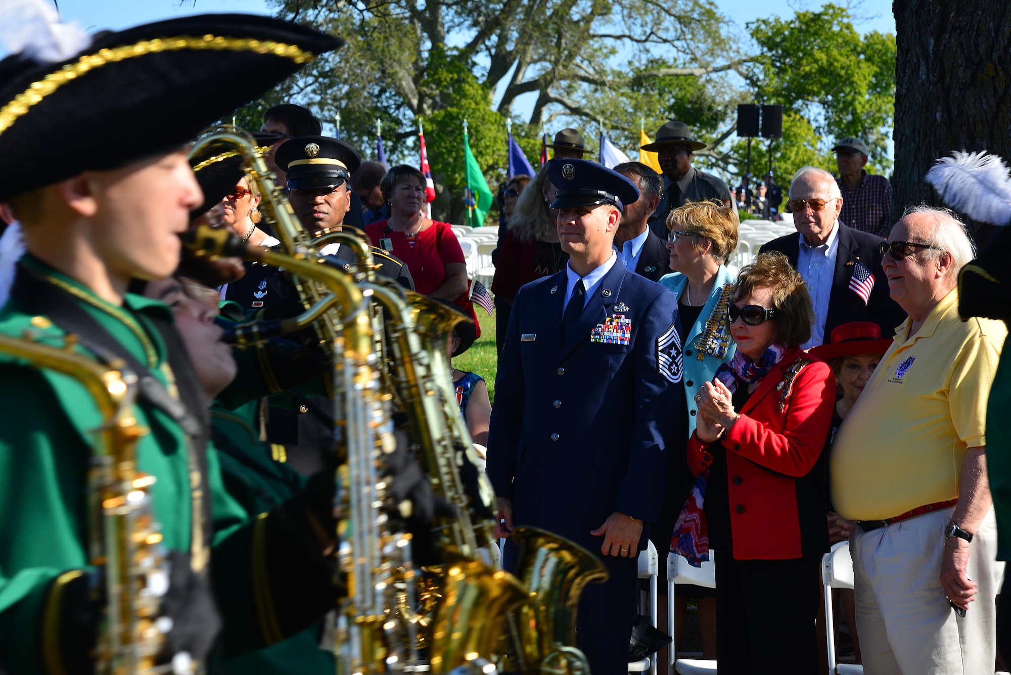 U.S. Air Force Chief Master Sgt. Kennon Arnold, 633rd Air Base Wing command chief, joins locals as they celebrate at the Yorktown day parade in Yorktown Va., Oct. 19, 2016. Yorktown Day celebrates the Battle of Yorktown, the last major land battle of the American Revolutionary War, which ended with British General Lord Charles Cornwallis’ surrender to American and French forces led by General George Washington and Jean-Baptiste Donatien de Vimeur, the Comte de Rochambeau. (U.S. Air Force photo by Airman 1st Class Tristan Biese)