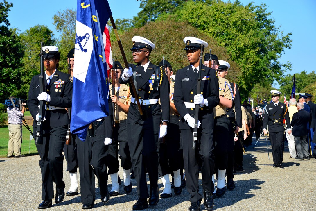 Local U.S. Navy ROTC march in the Yorktown Day parade in Yorktown Va., Oct. 19, 2016. Many locals and service members marched in the parade to commemorate the anniversary of the American and French victory in 1781 over the British. (U.S. Air Force photo by Airman 1st Class Tristan Biese)