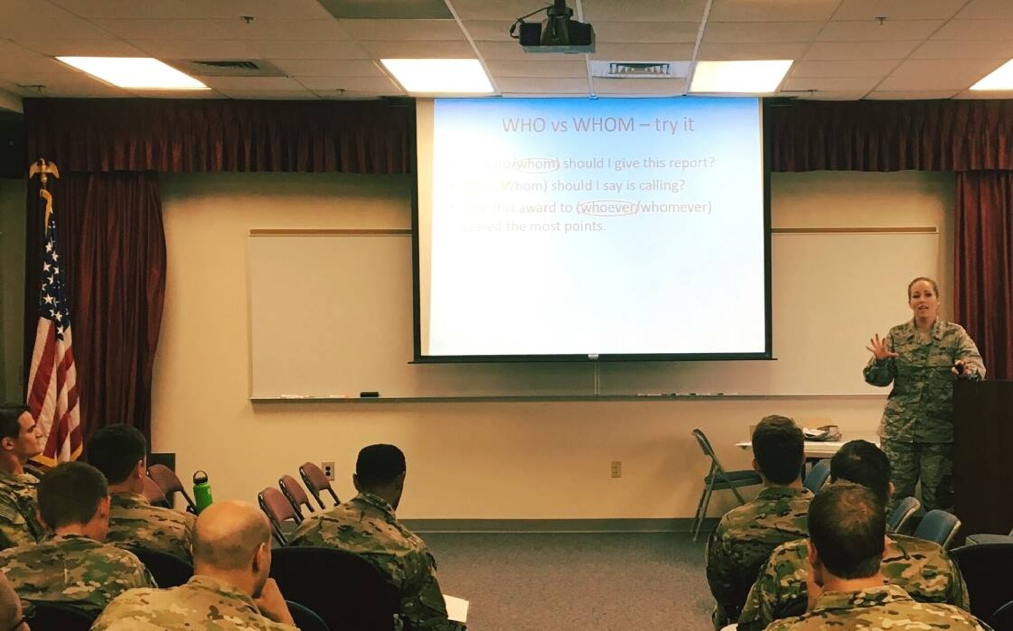 Maj. Erin Karl teaches a class on English and grammar at the 21st Special Tactics Squadron at Fort Bragg, North Carolina. The commander of the Air Force combat controller unit sought help for his office staff, who were spending too much time correcting simple grammar, punctuation and usage errors in reports and forms submitted by squadron members.  
