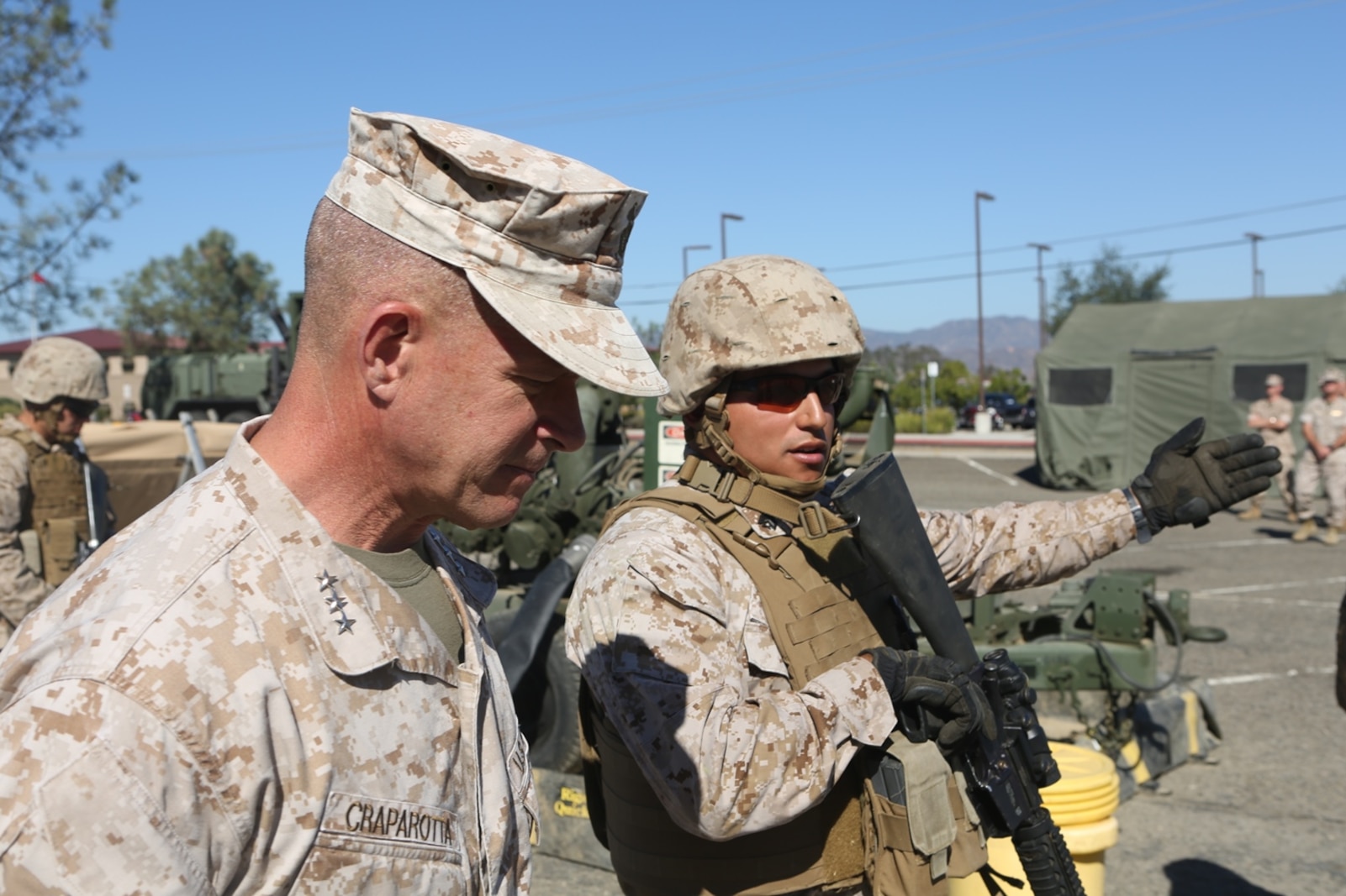 U.S. Marine Corps Sgt. Oscar Tapia demonstrates the capabilities of an amphibious assault fueling station to Lt. Gen. Lewis Craparotta, the commanding general of the I Marine Expeditionary Force, aboard Camp Pendleton, Calif., Oct. 19, 2016. Craparotta visited the 1st MLG to see the most up-to-date capabilities the logistics command has to offer I MEF. Tapia is a combat engineer with 7th Engineer Support Battalion, 1st Marine Logistics Group. (U.S. Marine Corps photo by Lance Cpl. Joseph Sorci)