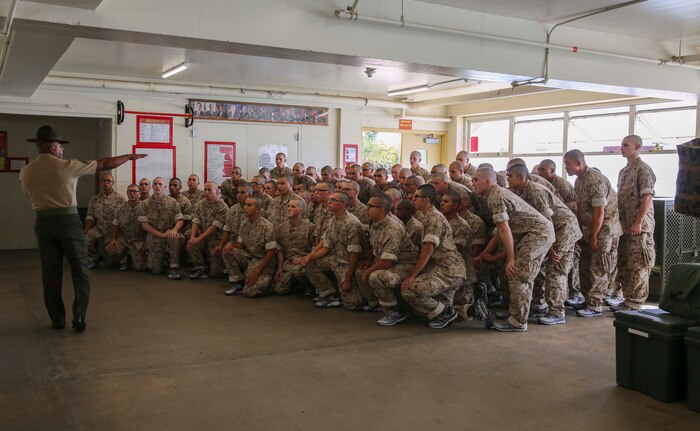 Recruits from Charlie Company, 1st Recruit Training Battalion, are introduced to the quarterdeck during pick up at Marine Corps Recruit Depot San Diego, Oct. 14. The recruits will spend their first day with their drill instructors learning the rules and regulations of recruit training, regarding everything from how to act in the squad bay to how to speak to drill instructors. Annually, more than 17,000 males recruited from the Western Recruiting Region are trained at MCRD San Diego. Charlie Company is scheduled to graduate Jan. 6.