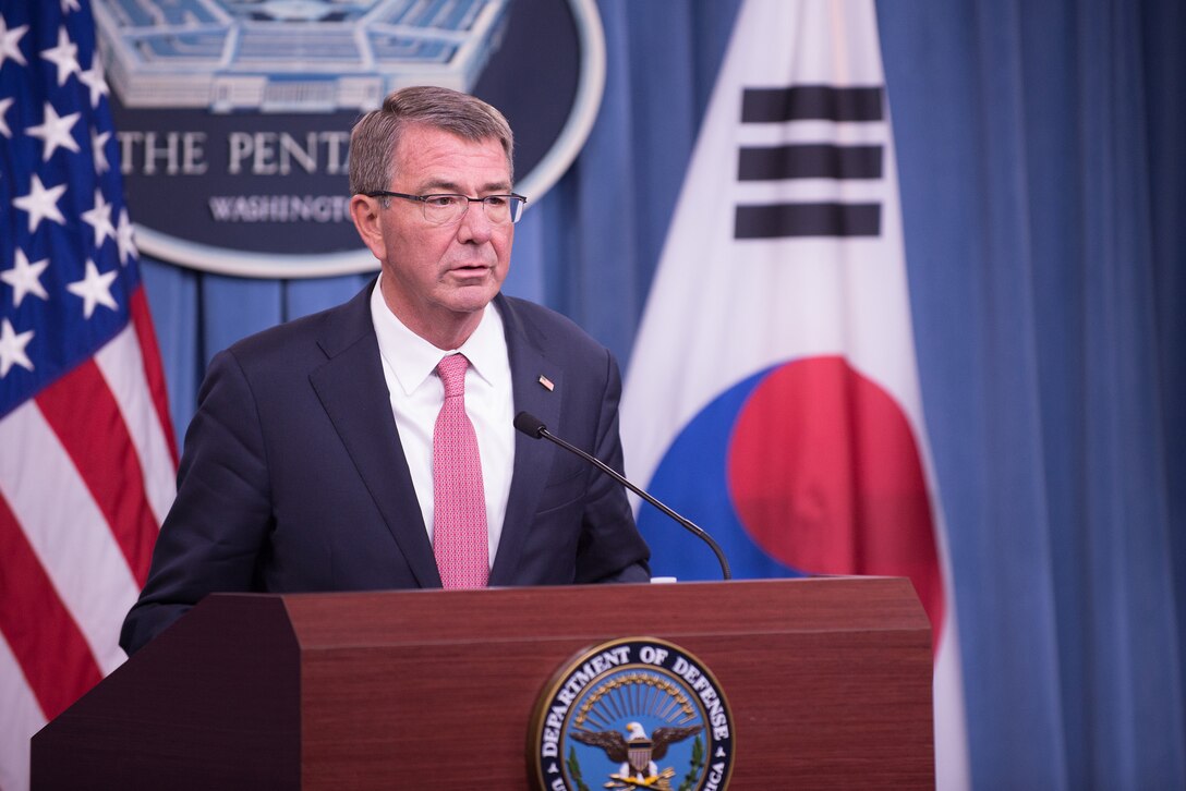 Defense Secretary Ash Carter speaks during a press conference with South Korean Defense Minister Han Min-koo at the Pentagon following the 48th U.S.-Republic of Korea Security Consultative Meeting, Oct. 20, 2016. DoD photo by Army Sgt. Amber I. Smith