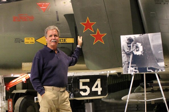 Don Otting, a former F-4 Phantom II crew chief during the Vietnam War, poses next to the exact aircraft he was once charged with maintaining. The aircraft is on display in the Museum of Aviation, and there is a photo of Otting painting a star on it. The McDonnell Douglas F-4 Phantom II is a tandem two-seat, twin-engine, all-weather, long-range supersonic jet interceptor aircraft/fighter-bomber originally developed for the United States Navy by McDonnell Aircraft. (U.S. Air Force photo by Ed Aspera) 