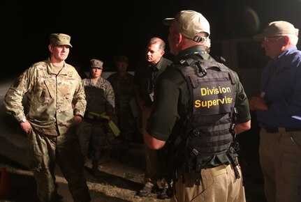 Army Maj. Gen. Richard Gallant, commanding general, Joint Task Force Civil Support, speaks with members of Army North's incident command post during exercise Sudden Response 16-2 at Fort Hood, Texas. JTF-CS anticipates, plans and prepares for chemical, biological, radiological and nuclear response operations. 