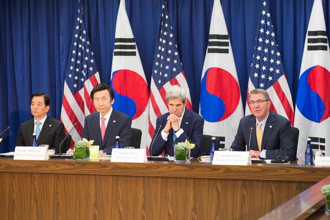 Defense Secretary Ash Carter speaks during a news conference with, from left, South Korean Defense Minister Han Min-koo, South Korean Foreign Affairs Minister Yun Byung-se and Secretary of State John Kerry at the State Department in Washington, D.C., Oct. 19, 2016. DoD photo by Army Sgt. Amber I. Smith