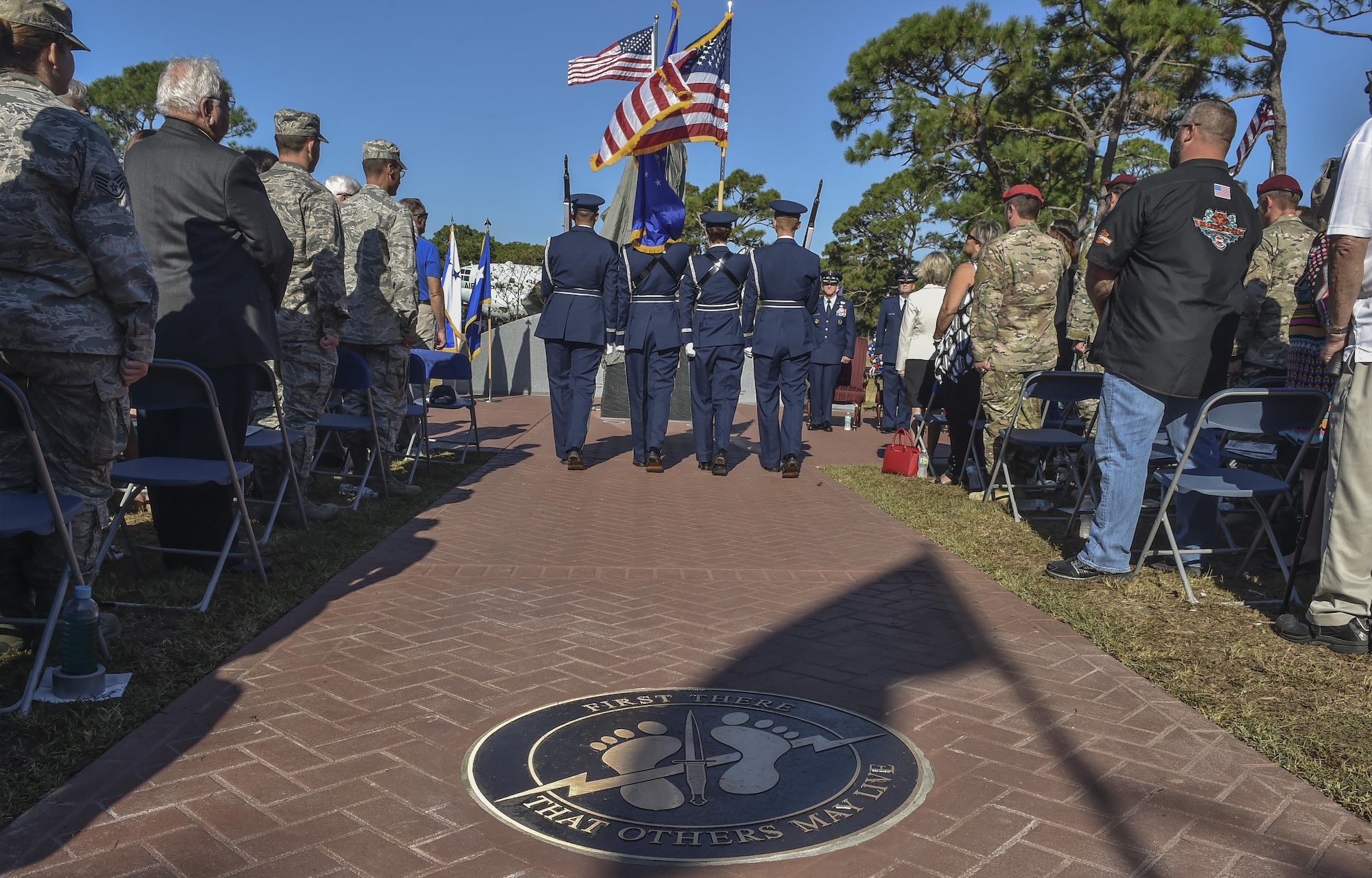 The Hurlburt Field Honor Guard posts the colors during the Special Tactics Memorial dedication ceremony at Hurlburt Field, Fla., Oct. 20, 2016. The memorial was conceptualized by Steve Haggett, a 30-year retired chief master sergeant, who served 14 years in Air Force Special Operations Command as a first sergeant and maintenance crew chief. Haggett volunteered to lead the project, from concept to design to final creation. (U.S. Air Force photo by Senior Airman Ryan Conroy) 