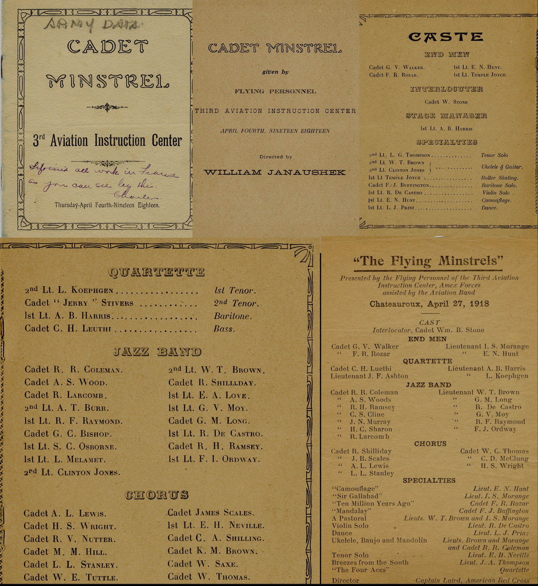 On April 4, 1918, a special musical performance was conducted by the flying staff and cadets to raise morale and break the monotony of the daily flying regimen.  A short program for this event was distributed to attendees and identified all the participating musicians.  Enclosed within the program is a leaf for a follow-on performance by many of the same musicians held at Chateauroux, France a few weeks later on April 27, 1918. This collage shows all pages of the program. (U.S. Air Force image)