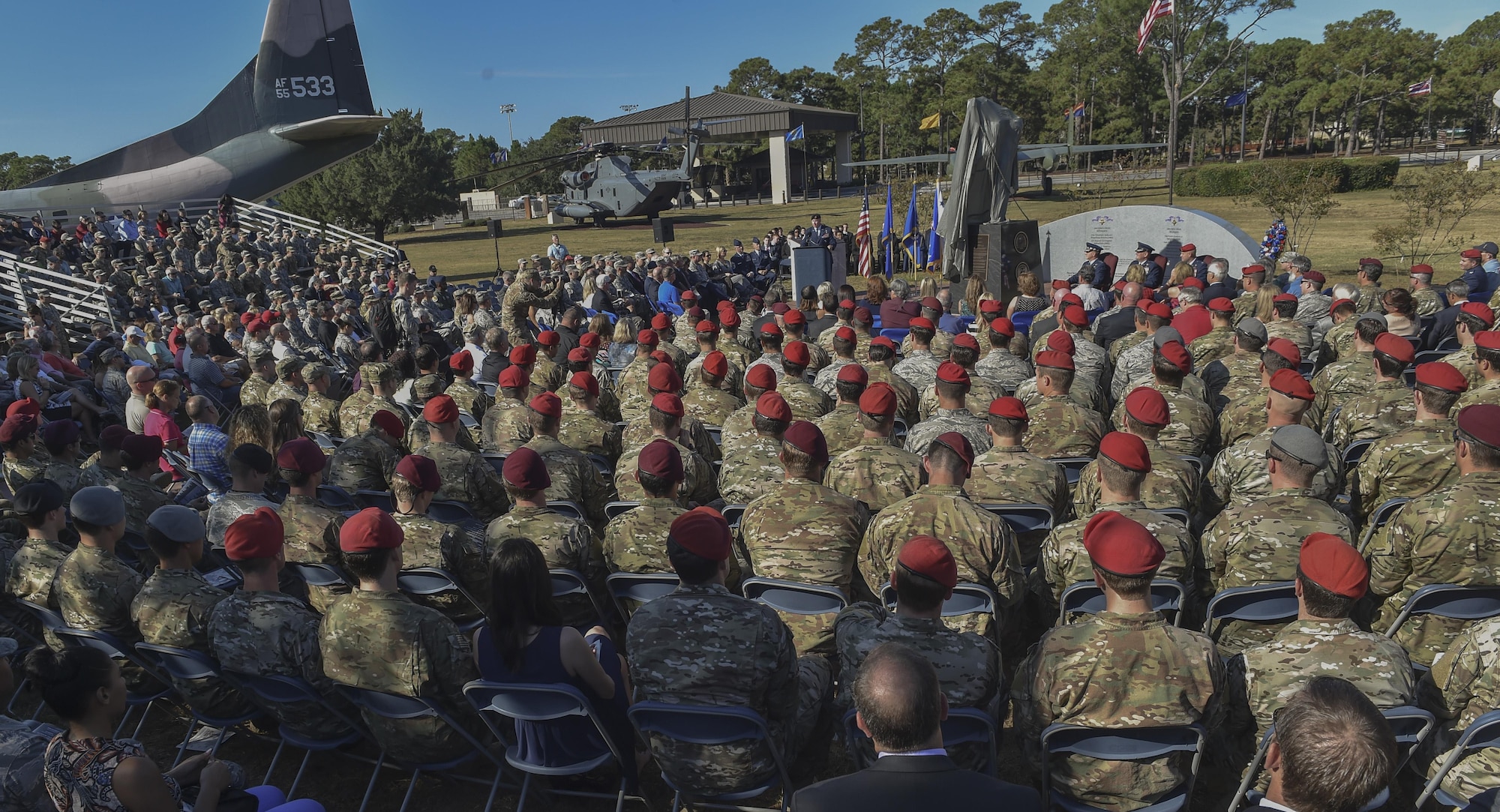 More than 800 Airmen and families attended the Special Tactics Memorial dedication ceremony at Hurlburt Field, Fla., Oct. 20, 2016. Special Tactics, the Air Force’s ground special operations force, has been engaged in every major conflict since 9/11, continuously deployed for more than 5,000 days to more than 73 locations. (U.S. Air Force photo by Senior Airman Ryan Conroy) 