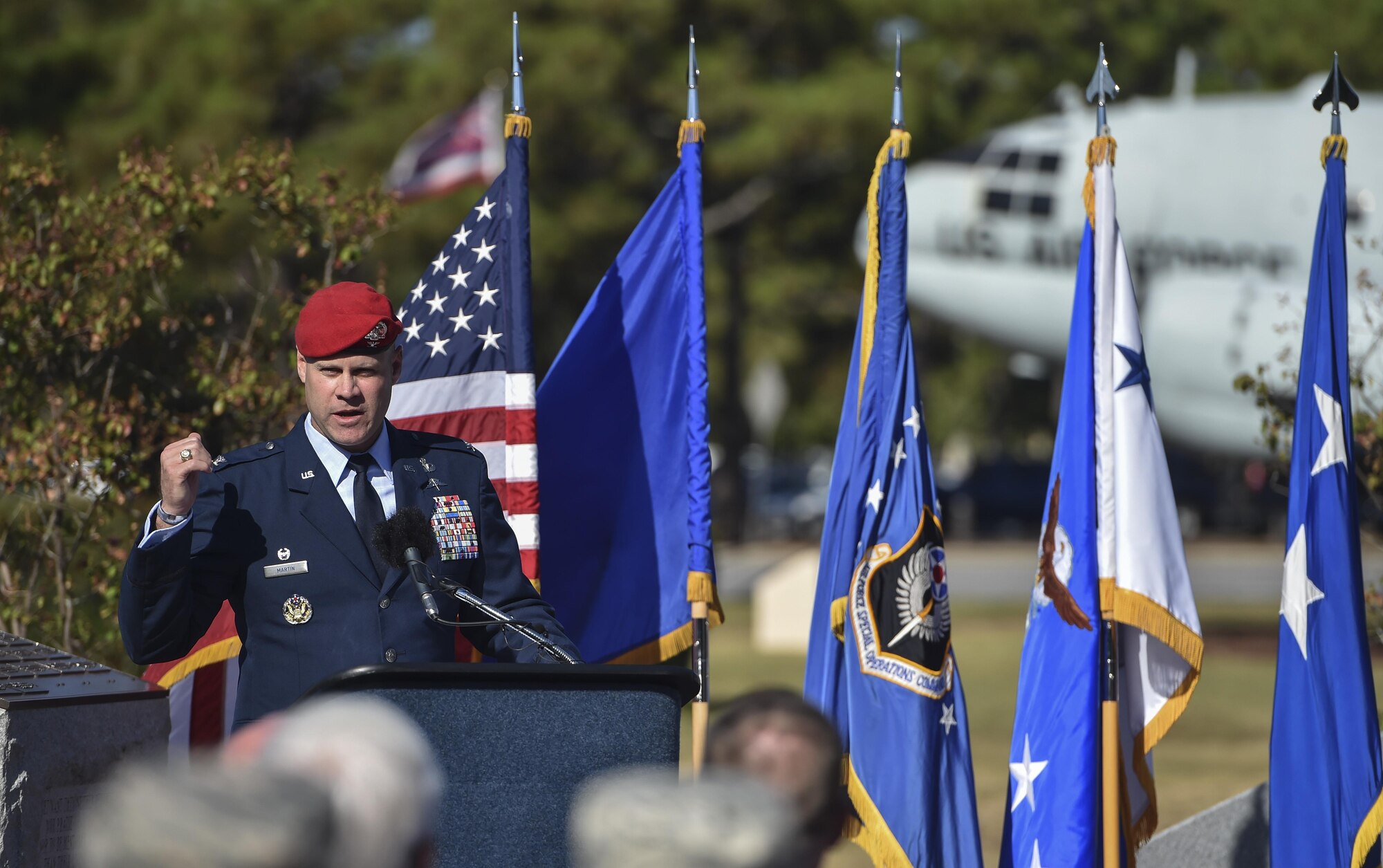 Col. Michael Martin, commander of the 24th Special Operations Wing, speaks during the Special Tactics Memorial dedication ceremony at Hurlburt Field, Fla., Oct. 20, 2016. Special Tactics, the Air Force’s ground special operations force, has been engaged in every major conflict since 9/11, continuously deployed for more than 5,000 days to more than 73 locations. (U.S. Air Force photo by Senior Airman Ryan Conroy) 