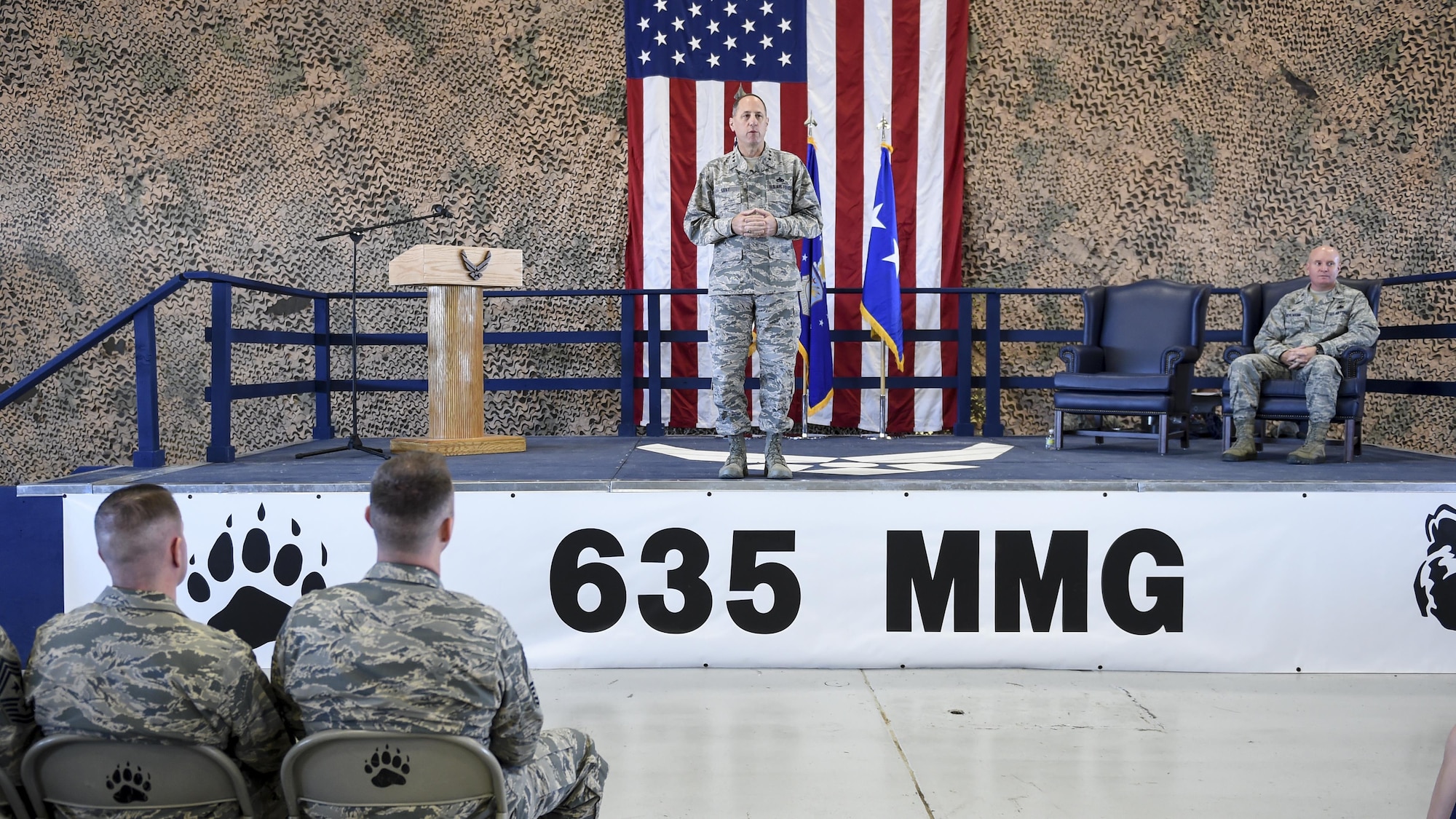 Lt. Gen Lee Levy, commander Air Combat Command officiated the 49th Materiel Maintenance Group transition to the 635th MMG re-designation ceremony Oct. 20, 2016 at Holloman Air Force Base N.M. The Ceremony marks the historic event of the Materiel Maintenance Group moving from Air Combat Command over to Air Force Material Command. (U.S. Air Force photo by Staff Sgt. Stacy Jonsgaard)