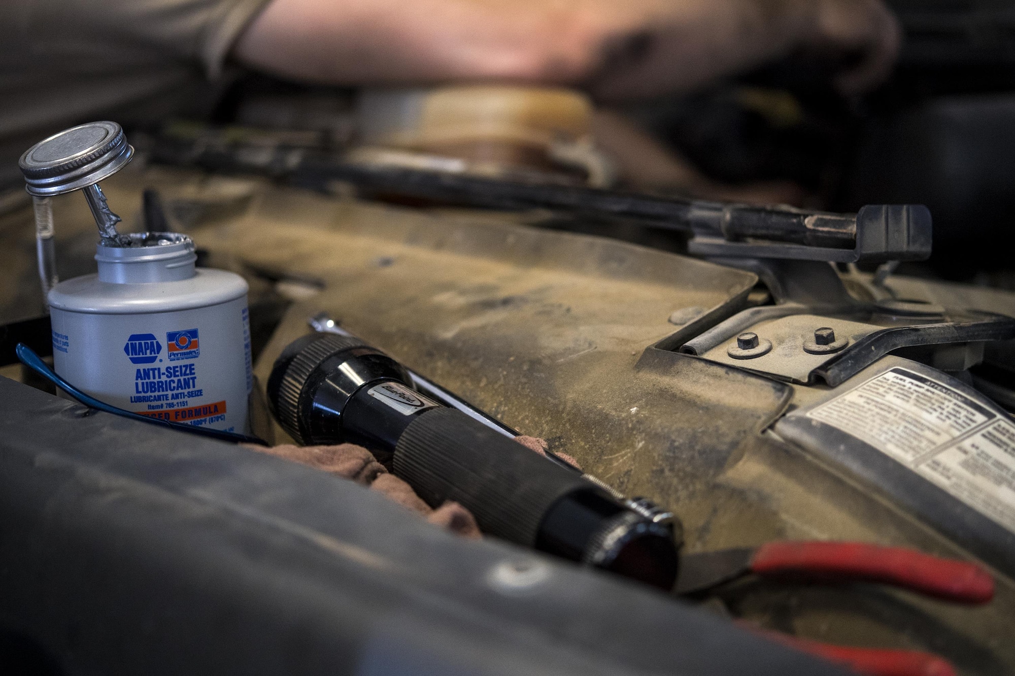 Tools sit on a vehicle, Oct. 12, 2016 in the vehicle management shop, at Moody Air Force Base, Ga. By performing preventative maintenance the staff is able to keep vehicles out of the shop longer. (U.S. Air Force photo by Airman 1st Class Janiqua P. Robinson)