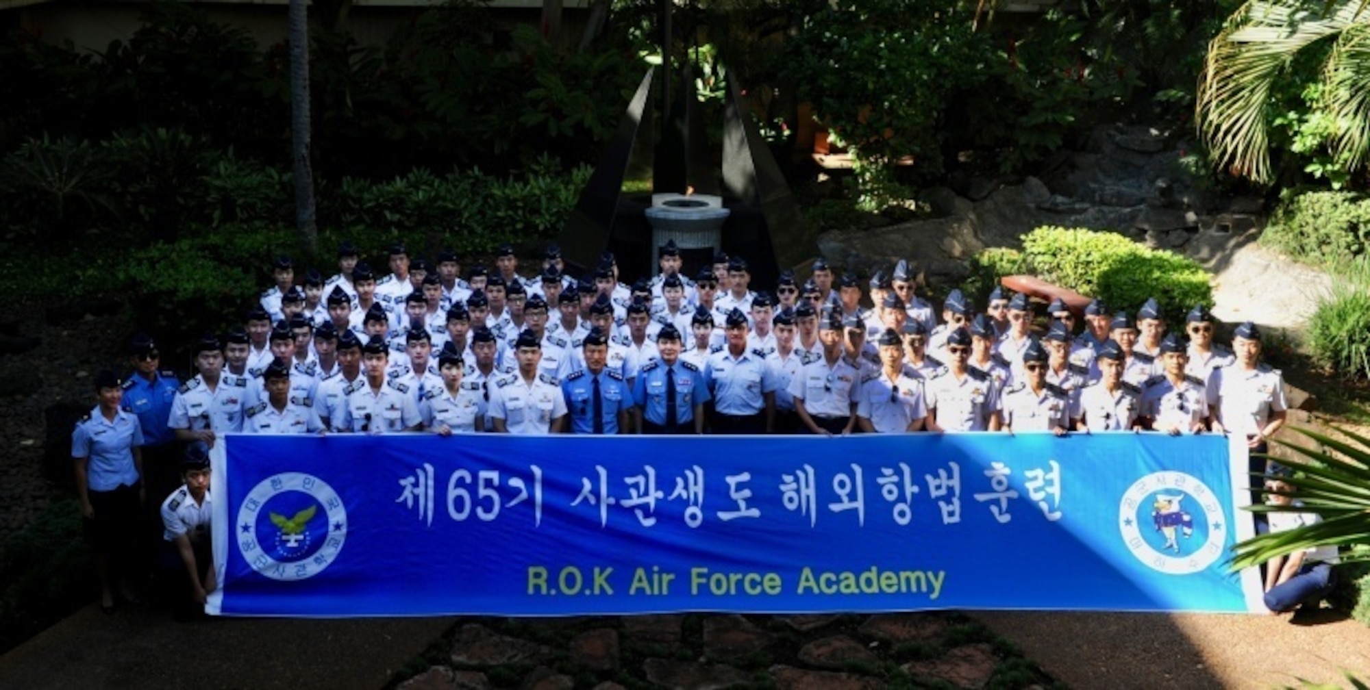 Republic of Korea Air Force (ROKAF) Academy cadets pose for a group photo with Pacific Air Forces leadership during the recent PACAF-hosted ROKAF Academy cadet visit to Joint Base Pearl Harbor-Hickam, Hawaii, Oct. 19, 2016.  This marks the third visit by ROKAFA cadets who after commissioning, will likely work alongside U.S. forces on the Korean peninsula.  The visit is an opportunity for PACAF to show the cadets how PACAF and U.S. Pacific Command operate and gain a better understanding of the region and the importance of regional security.  (U.S. Air Force photo by Staff Sgt. Kamaile Chan)