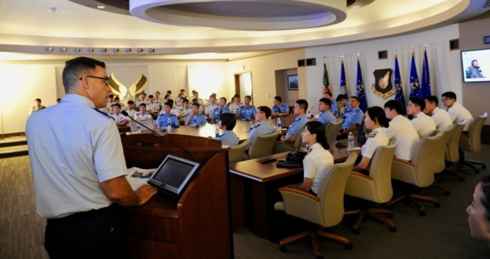 U.S. Air Force Maj. Gen. Mark C. Dillon, Pacific Air Forces vice commander, presents a briefing to over 90 Republic of Korea Air Force (ROKAF) Academy cadets during their visit to Joint Base Pearl Harbor-Hickam, Hawaii, Oct. 19, 2016.  This marks the third visit by ROKAFA cadets who after commissioning, will likely work alongside U.S. forces on the Korean peninsula.  The visit is an opportunity for PACAF to show the cadets how PACAF and U.S. Pacific Command operate and gain a better understanding of the region and the importance of regional security.  (U.S. Air Force photo by Staff Sgt. Kamaile Chan)