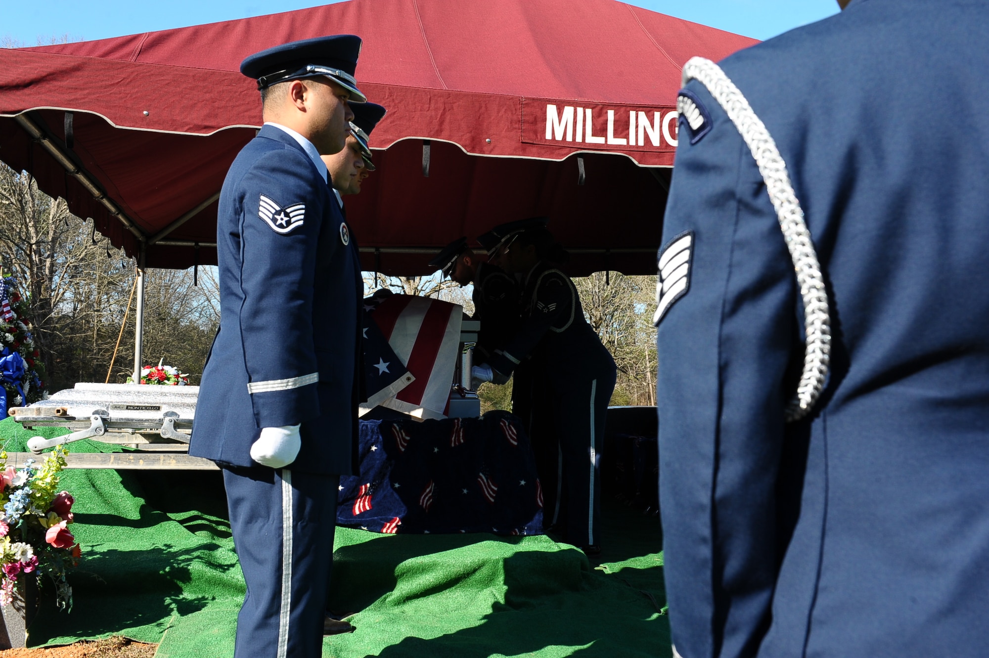 Columbus Air Force Base Honor Guardsmen prepare to perform a six-man flag fold for a repatriated Airman who had been missing in action for years, Jan. 8 at Union, Mississippi. Honor Guard performing at funerals is often the last a family will see of the military and often times leaves a lasting impression. (U.S. Air Force photo by Senior Airman Kaleb Snay)
