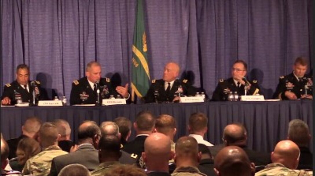 Lt. Gen. Charles D. Luckey, Chief of Army Reserve and Commanding General, United States Army Reserve Command (center) hosts four ASCC commanders at a USAR Seminar during the annual meeting of AUSA (Association of the United States Army) in Washington, D.C., Oct. 4, 2016.  The commanding generals discussed the strong support Army Reserve Soldiers provide to the total force. From left, Lt. Gen. Michael X. Garrett, Commanding General, U.S. Army Central; Gen. Robert B. Brown, Commanding General, U.S. Army Pacific; Lt. Gen. Ben Hodges, Commanding General, U.S. Army Europe; and Lt. Gen. Jeffrey S. Buchanan, Commanding General, U.S. Army North.
