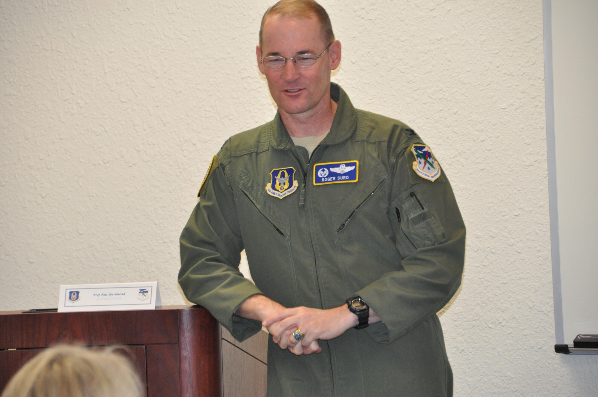 Col. Roger Suro, 340th Flying Training Group commander, delivers opening remarks during the Groups' 2016 annual fall commanders summit at Joint Base San Antonio-Randolph, Texas. Photo by Janis El Shabazz.