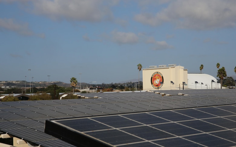 Solar panels provide clean and renewable energy for Marine Corps Air Station Miramar, California, as part of a Corps-wide initiative to decrease reliance on the electric grid. In recognition of October being National Energy Action Month, MCAS Miramar is promoting energy conservation and informing station residents of what they can do to help. (U.S. Marine Corps photo by Lance Cpl. Jake McClung/Released)