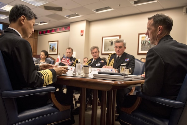 WASHINGTON (Oct. 20, 2016) Chief of Naval Operations (CNO) Adm. John Richardson; First Sea Lord, United Kingdom Royal Navy, Adm. Phillip Jones; and Chief of Staff of the Japan Maritime Self-Defence Force, Adm. Tomohisa Takei, meet in the Pentagon for a trilateral maritime discussion.