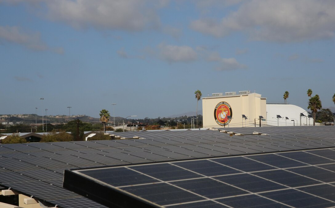 Solar panels provide clean and renewable energy for Marine Corps Air Station Miramar, California, as part of a Corps-wide initiative to decrease reliance on the electric grid. In recognition of October being National Energy Action Month, MCAS Miramar is promoting energy conservation and informing station residents of what they can do to help. (U.S. Marine Corps photo by Lance Cpl. Jake McClung/Released)