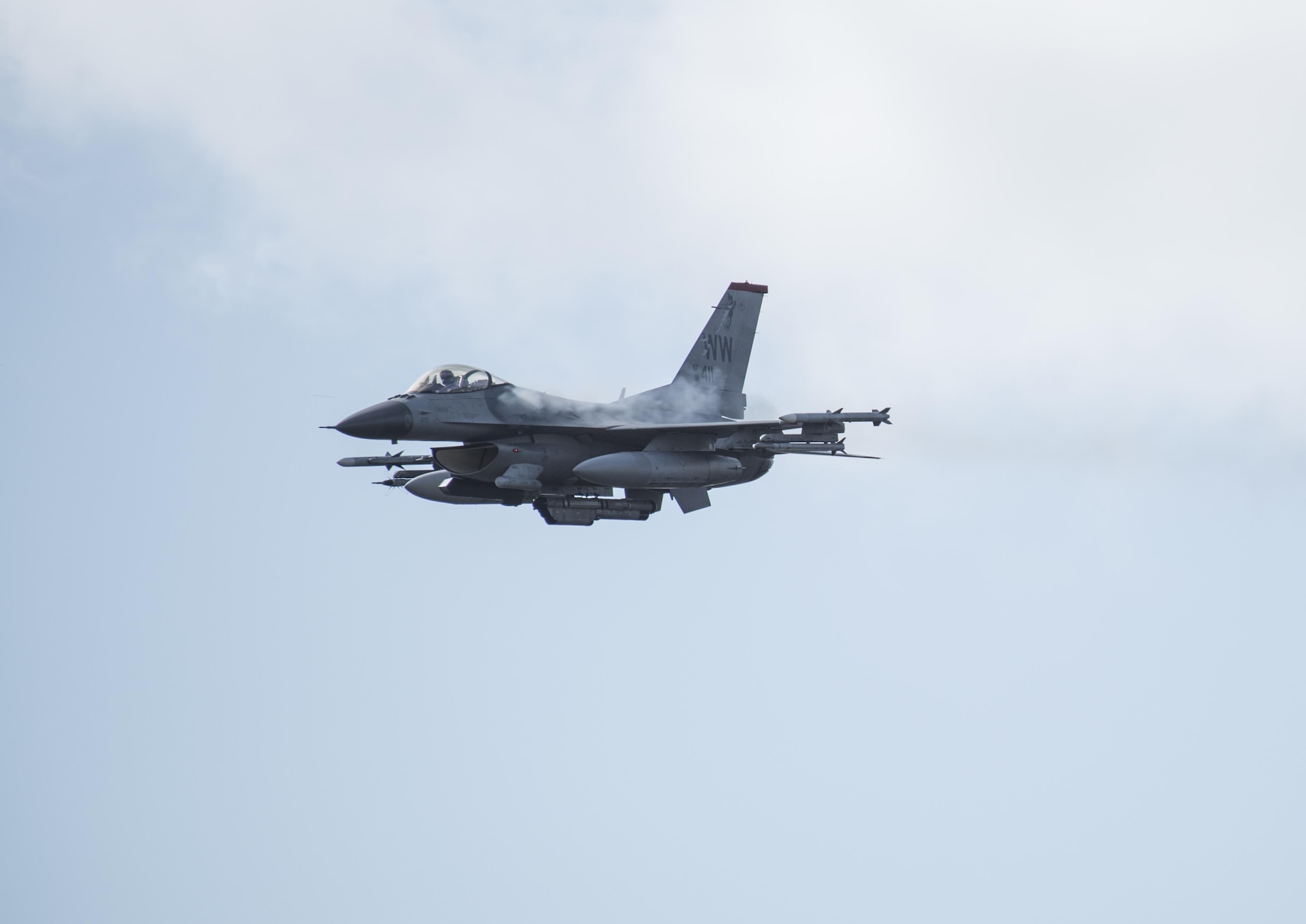 An F-16 Fighting Falcon soars in the sky during a Range Day event at Misawa Air Base, Japan, Oct. 21, 2016. The F-16 is a compact, multi-role fighter aircraft that is hight maneiverable and has proven itself in air-to-air and air-to-surface attacks. (U.S. Air Force photo by Airman 1st Class Sadie Colbert)