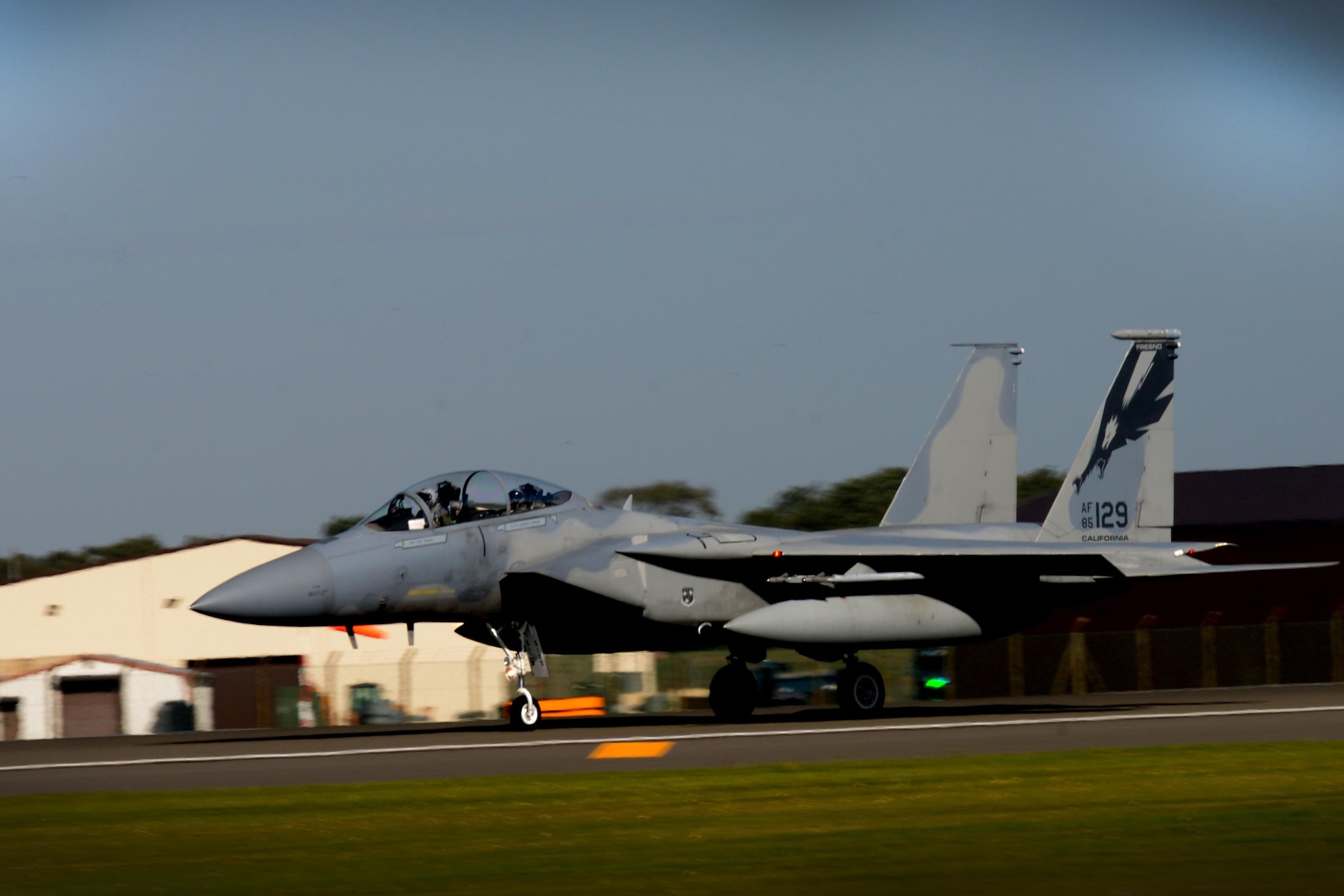 A California Air National Guard F-15C Eagle taxis after landing at Royal Air Force Lakenheath, England, Sept. 28, 2016. The aircraft stopped at RAF Lakenheath on its way to their home station after participating in a joint NATO air policing mission. (U.S. Air Force photo/Airman 1st Class Eli Chevalier)