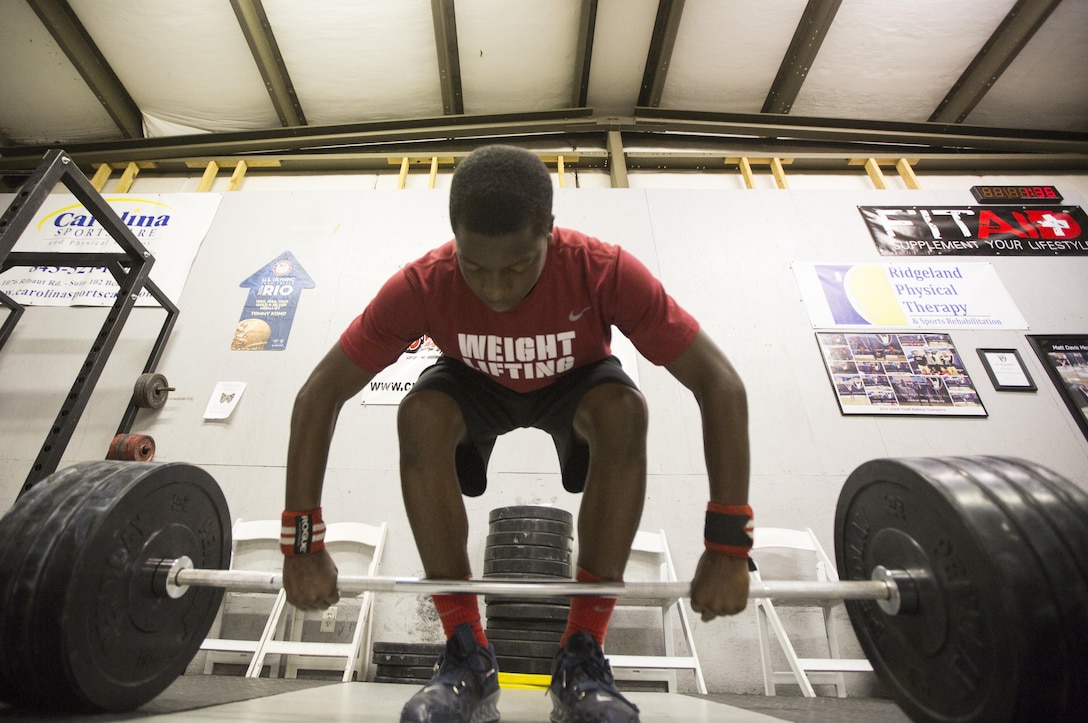 Braylin. Young prepares to do a clean and jerk lift during practice July 21, 2016, in Beaufort, S.C. Braylin is on Team Beaufort Olympic Weightlifting team and recently won the 14-15 Individual 85 kg at the USA Weightlifting National Youth Competition on June 25, 2016, in Austin, Texas.