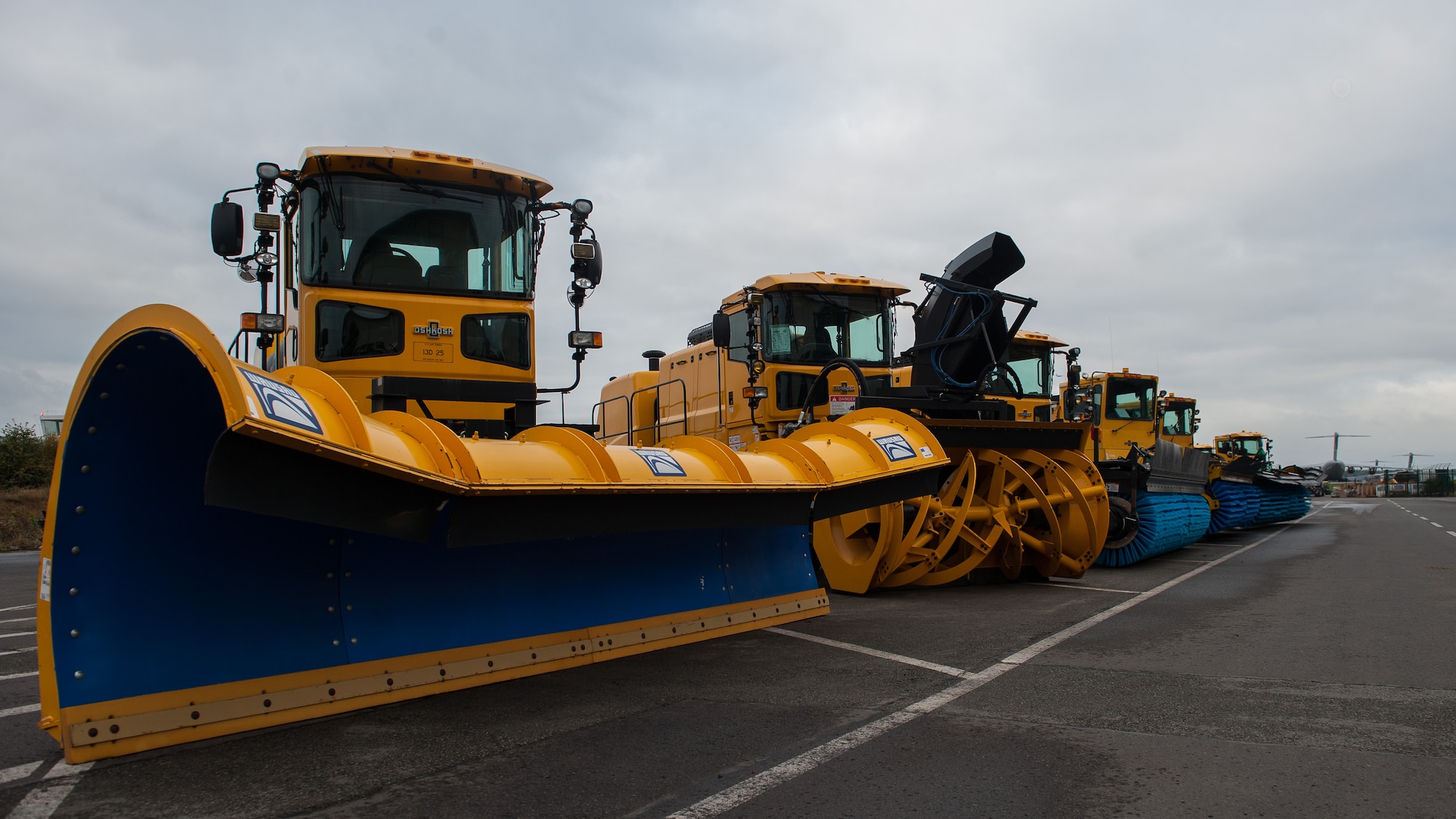 Heavy snow equipment is parked in front of the 786th Civil Engineer Squadron’s heavy equipment facility at Ramstein Air Base, Germany, Oct. 19, 2016. The members of Ramstein’s snow removal team are comprised of Airmen throughout the 786th CES and 86th Maintenance Squadron. This is a secondary job that they perform before and throughout the winter season. Preparations for winter weather hazards are made to ensure Ramstein’s 24-hour operation can continue during inclement winter weather. (U.S. Air Force photo by Airman 1st Class Lane T. Plummer)