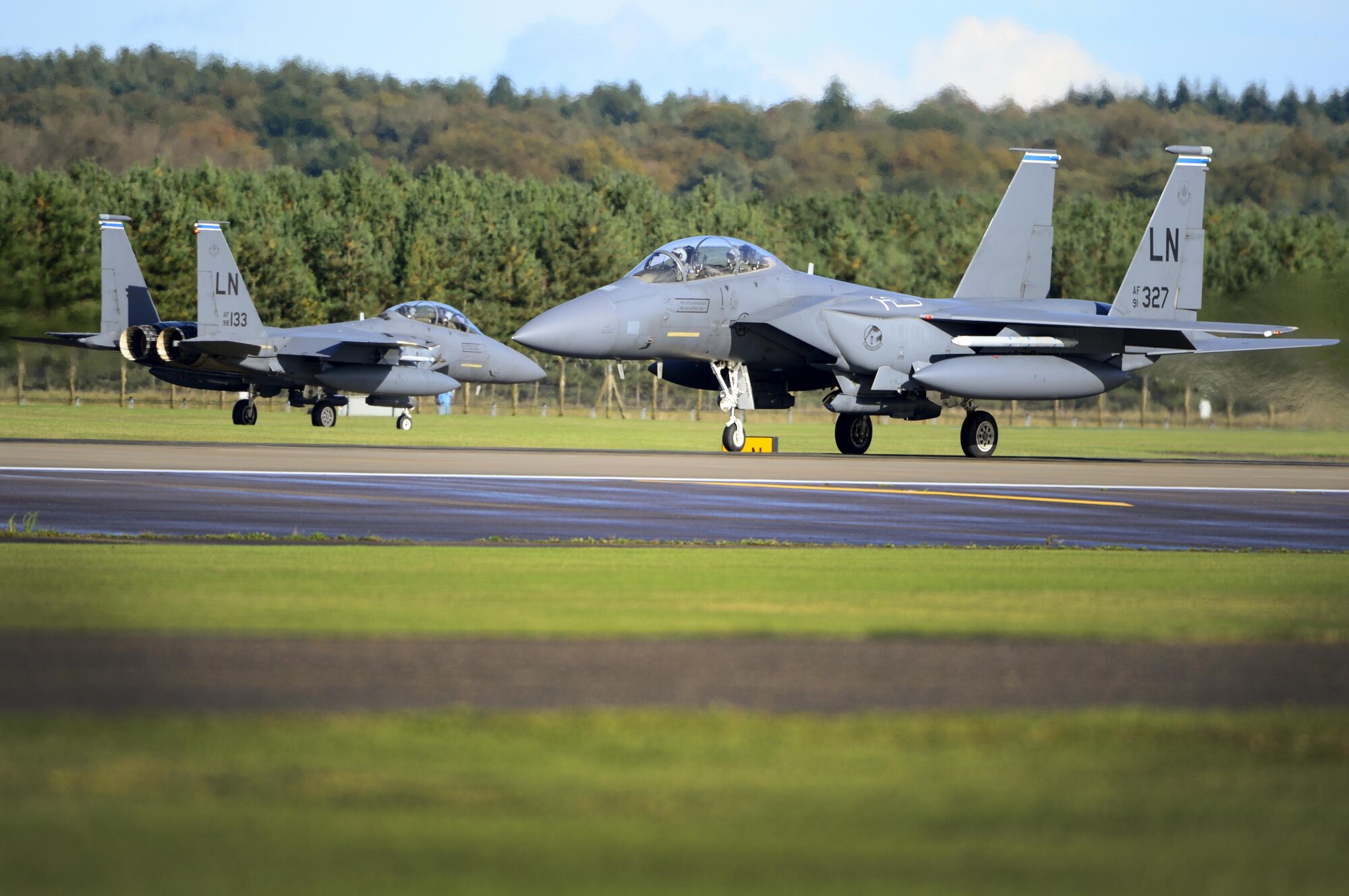 F-15E Strike Eagles from the 492nd Fighter Squadron prepare to launch for a sortie in support of Noble Arrow 16 at Royal Air Force Lakenheath, England Oct. 18. These combined training exercises increase cooperation in training, and further strengthens interoperability with NATO Allies in order to meet challenges as a unified force. (U.S. Air Force photo/ Senior Airman Malcolm Mayfield)