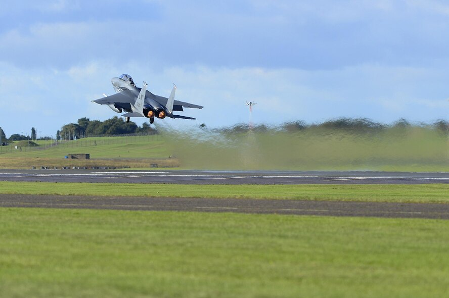 An F-15E Strike Eagle from the 492nd Fighter Squadron takes off for a sortie in support of Noble Arrow 16 at Royal Air Force Lakenheath, England Oct. 18. The training consisted of various air-to-air, air-to-surface and air-to-sea scenarios, which strengthened allied force interoperability. (U.S. Air Force photo/ Senior Airman Malcolm Mayfield)