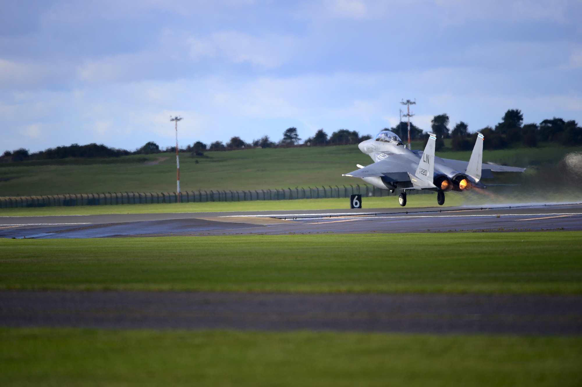 An F-15E Strike Eagle from the 492nd Fighter Squadron launches for a sortie in support of Noble Arrow 16 at Royal Air Force Lakenheath, England Oct. 18. The training consisted of various air-to-air, air-to-surface and air-to-sea scenarios which strengthened allied force interoperability. (U.S. Air Force photo/ Senior Airman Malcolm Mayfield)