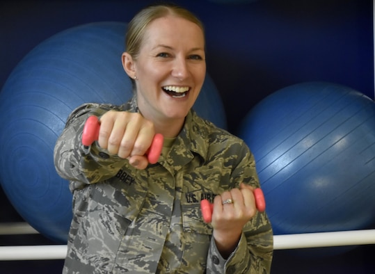 Senior Airman Catherine Libbey, 439th Aeromedical and Dental Squadron, shows us that you can have fun with your physical fitness. Libbey recently passed her fitness test after failing three times and being warned that if she failed again, she would be discharged. (U.S. Air Force photo/ TSgt. Amelia Leonard)