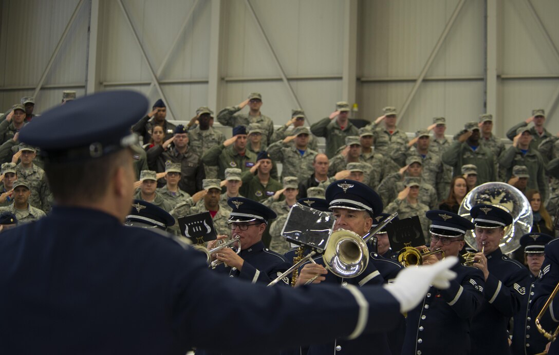 The U.S. Air Forces in Europe band plays the American national anthem during the 3rd Air Force change of command ceremony at Ramstein Air Base, Germany, Oct. 21, 2016. Lt. Gen. Timothy M. Ray relinquished command of the 3rd Air Force to Lt. Gen. Richard M. Clark. (U.S. Air Force photo by Senior Airman Tryphena Mayhugh)