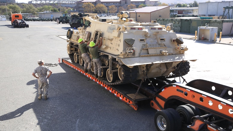 U.S. Marines with Combat Logistics Regiment 15 secure the M-88A2 for transportation from Camp Pendleton, Calif., to March Air Force Reserve Base, Calif., Oct. 3, 2016. The M-88A2 HERCULESwill be airlifted from March AFB to Marine Corps Air Ground Combat Center Twentynine Palms, Calif.
