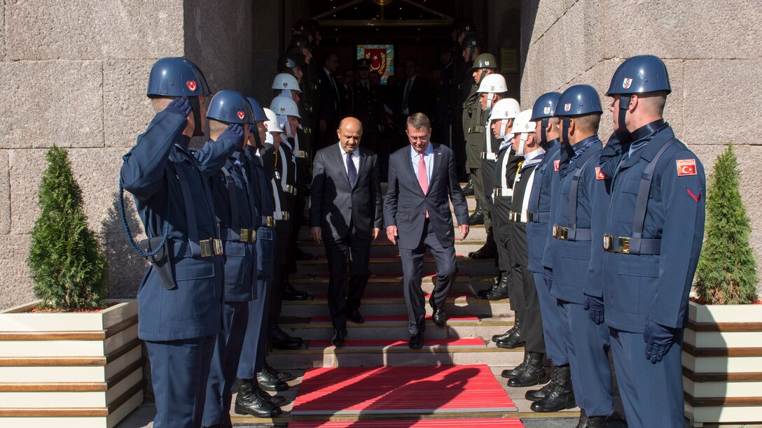 Defense Secretary Ash Carter met with Turkish leaders, including Defense Minister Fikri Işık, in Ankara, Turkey, and reaffirmed his support for the long-term strategic alliance between the two NATO allies.
