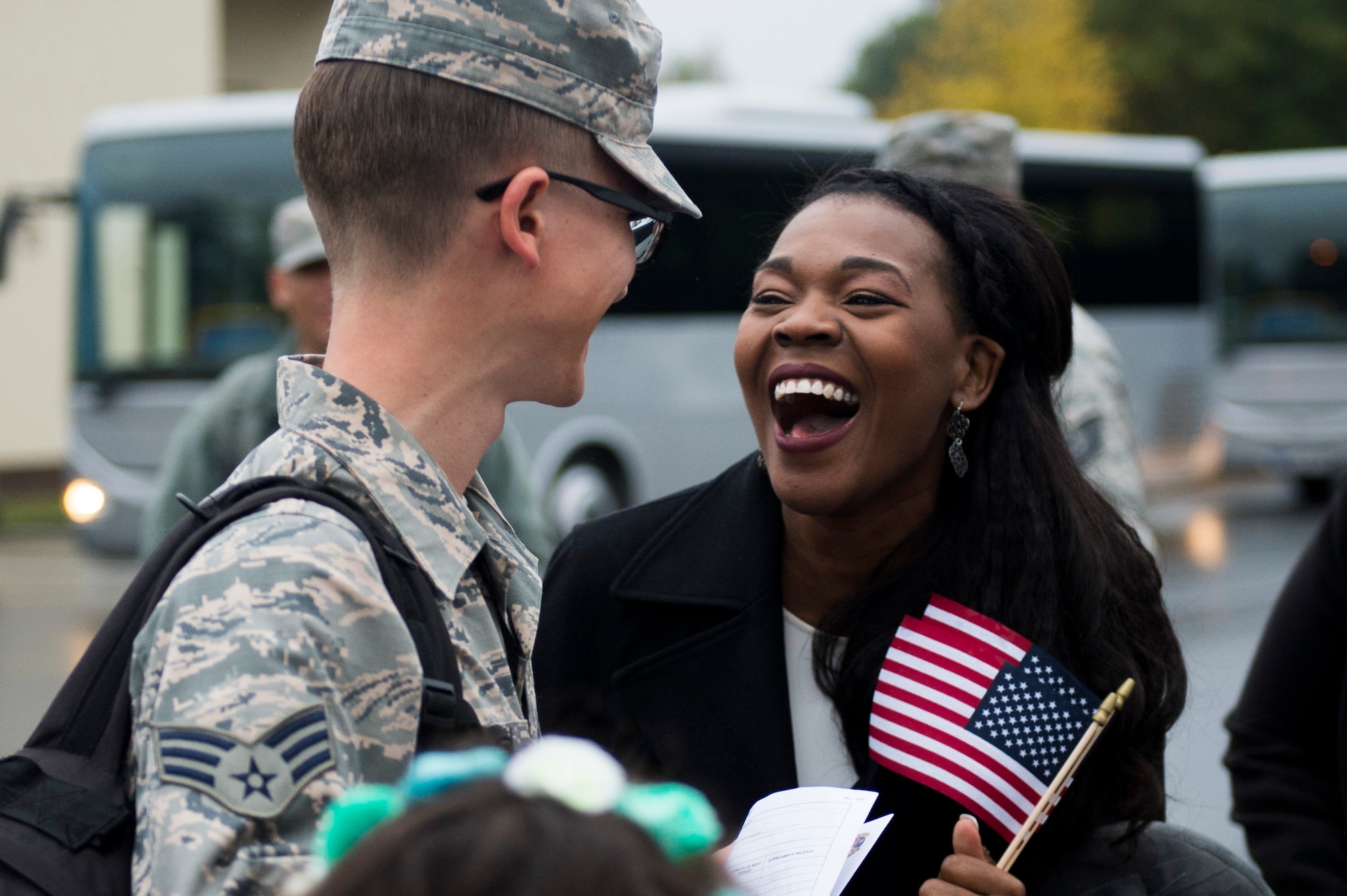 An Airman assigned to the 606th Air Control Squadron reunites with his wife during the squadron’s return to Spangdahlem Air Base, Germany, Oct. 20, 2016. Nearly 200 Airmen assigned to the 606th ACS returned to Spangdahlem Air Base from a six-month rotational deployment to Southwest Asia in support of Operations Freedom’s Sentinel and Inherent Resolve. (U.S. Air Force photo by Airman 1st Class Preston Cherry)
