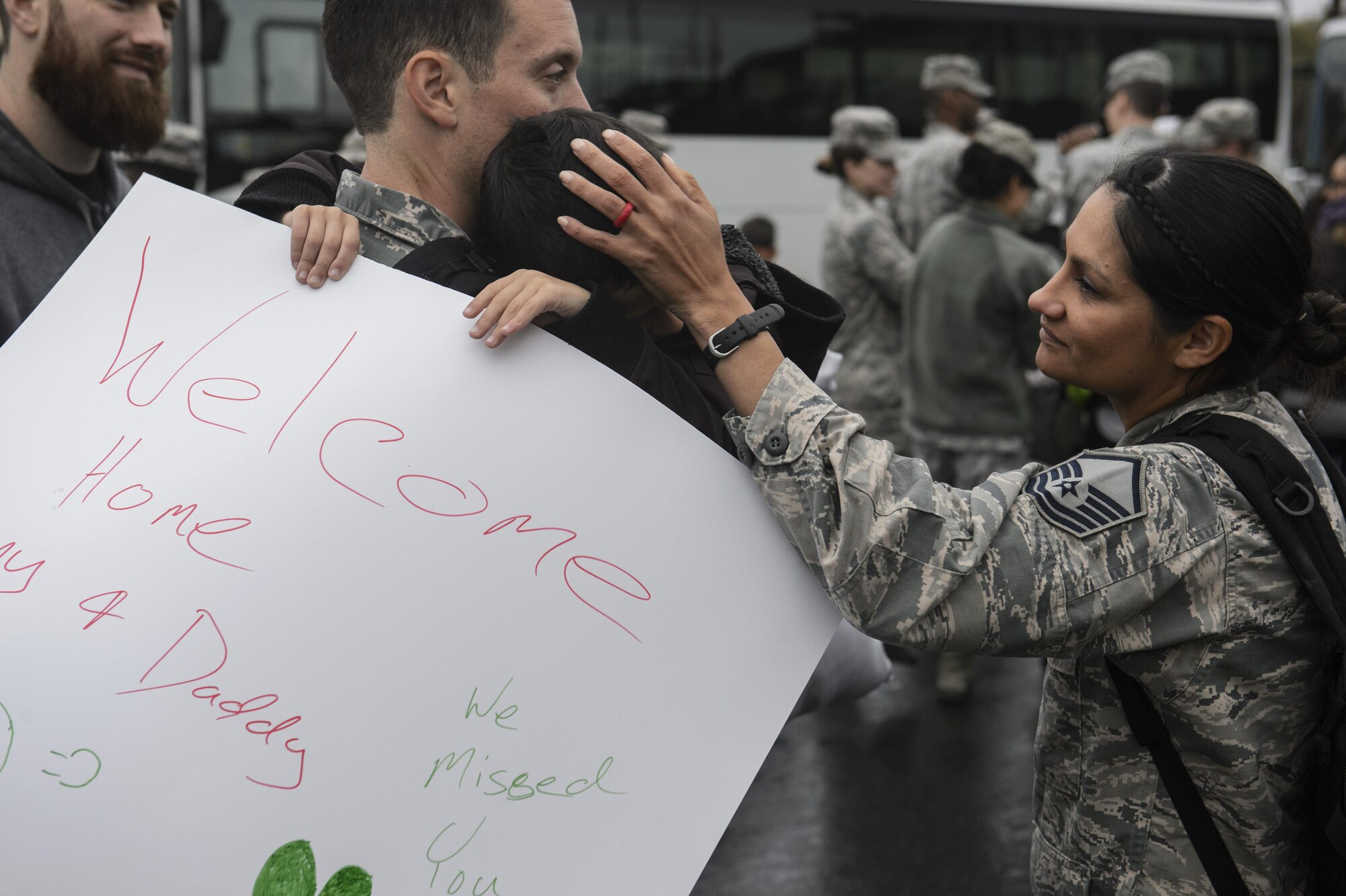 Airmen assigned to the 606th Air Control Squadron reunite  ith their family during the squadron’s return from deployment to Spangdahlem Air Base, Germany, Oct. 20, 2016. The Airmen served as part of the 727th Expeditionary Air Control Squadron in Southwest Asia which is composed of U.S. and coalition partners who monitor activity in the airspace surrounding their area of responsibility. (U.S. Air Force photo by Staff Sgt. Jonathan Snyder)