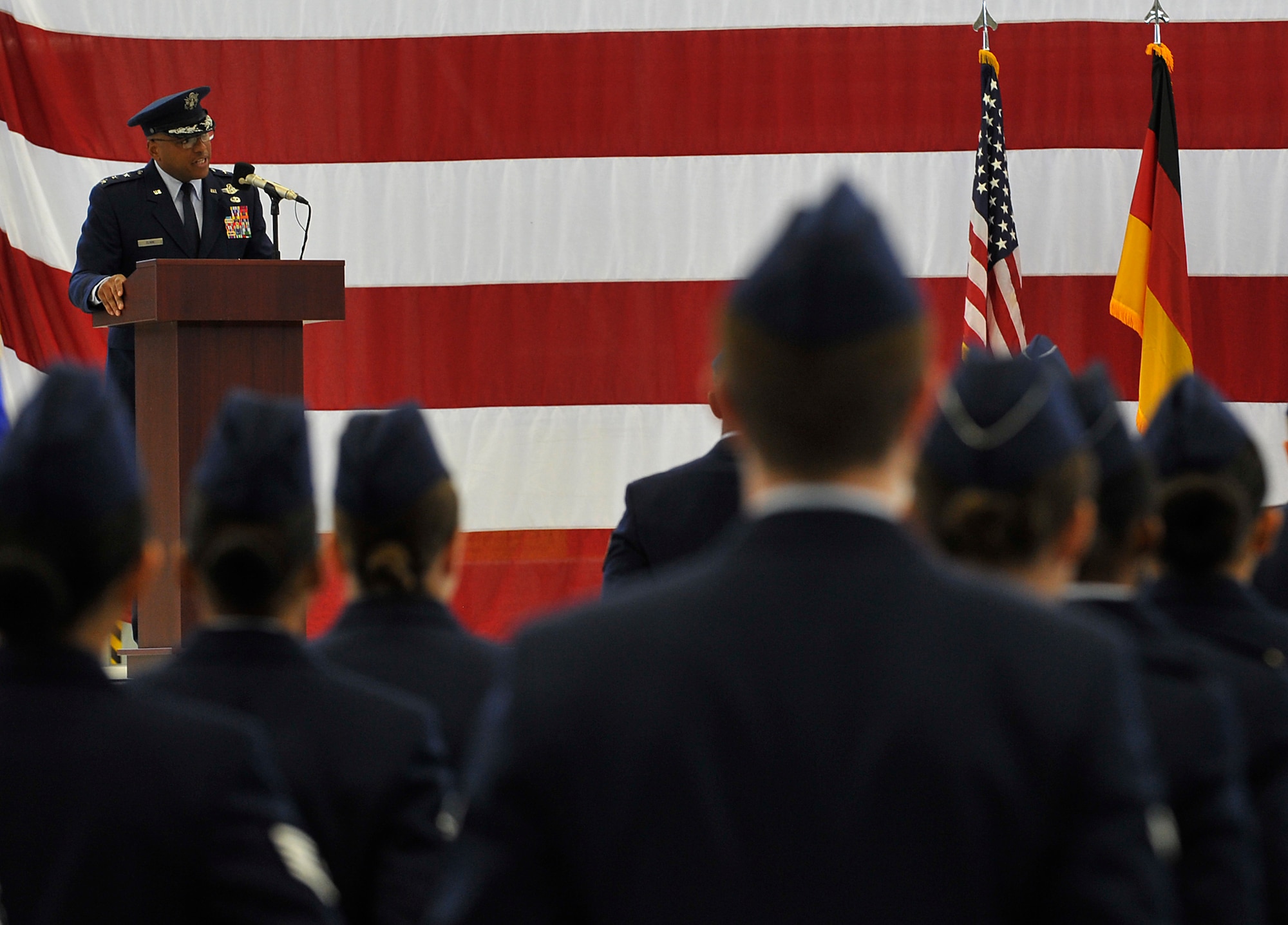 Lt. Gen. Richard M. Clark, 3rd Air Force commander, gives a speech during a change of command ceremony at Ramstein Air Base, Germany, Oct. 21, 2016. The 3rd Air Force plans, deploys, sustains and redeploys Air Force forces that directly support the combatant commanders during contingency and wartime operations. (U.S. Air Force photo by Senior Airman Tryphena Mayhugh)