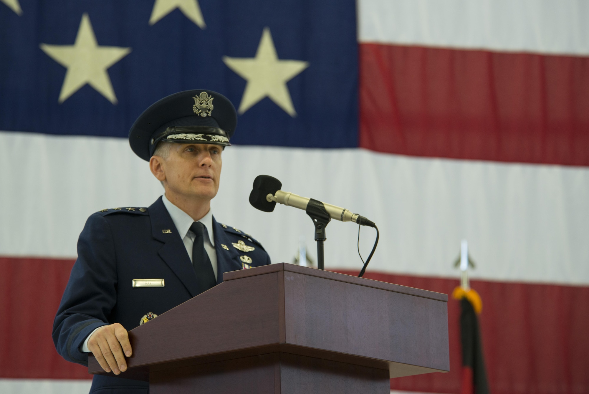 Lt. Gen. Timothy M. Ray, outgoing 3rd Air Force commander, gives a speech during a change of command ceremony at Ramstein Air Base, Germany, Oct. 21, 2016. Ray relinquished command of the 3rd Air Force to Lt. Gen. Richard M. Clark. (U.S. Air Force photo by Senior Airman Tryphena Mayhugh)