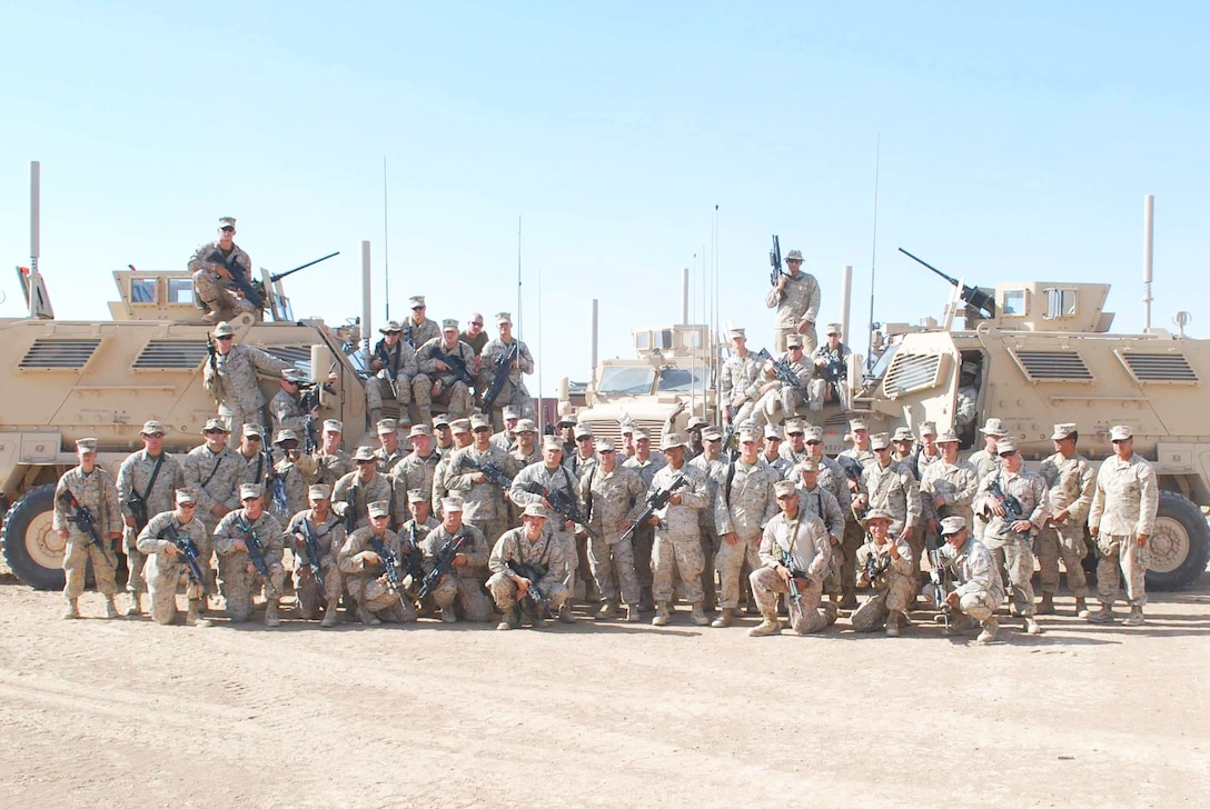 Sgt. Michael Kane’s security platoon aboard Marine Corps Base Camp Leatherneck, Afghanistan, 2009. Kane deployed to Afghanistan in 2009. While returning to Camp Leatherneck from Forward Operating Base Nowzad, Kane’s convoy was struck by an improvised explosive device, injuring Kane and the other two Marines in the vehicle. Today, Kane is the fuels pit non-commissioned officer with Headquarters and Headquarters Squadron aboard Marine Corps Air Station Beaufort.