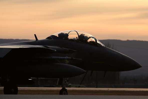 An F-15K Slam Eagle taxis down the Eielson Air Force Base, Alaska, flight line Oct. 10, 2016, during Red Flag-Alaska 17-1. Red Flag-Alaska is a Pacific Air Forces commander-directed field training exercise and is vital to maintaining peace and stability in the Indo-Asia-Pacific region. The F-15K is assigned to the South Korea air force. (U.S. Air Force photo/Master Sgt. Karen J. Tomasik)