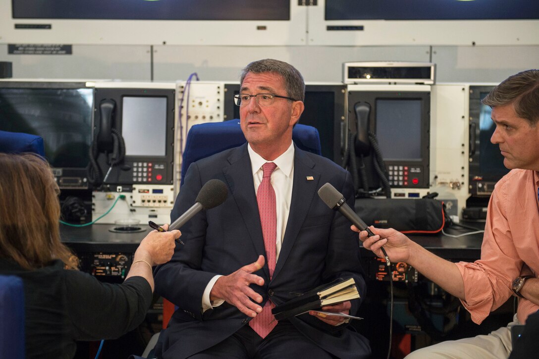 Defense Secretary Ash Carter speaks with reporters  while traveling to Ankara, Turkey, Oct. 20, 2016. DoD photo by Air Force Tech. Sgt. Brigitte N. Brantley