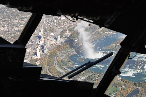 An aerial view of the city of Niagara Falls, Ontario, Canada and the Canadian Horseshoe Falls as seen through the flight deck windows of one of the 910th Airlift Wing’s C-130H Hercules tactical cargo aircraft, taken during the unit’s Civic Leader Flight for Educators, Oct. 19, 2016. The purpose of the event was to allow attendees to learn more about Air Force Reserve career opportunities from their local recruiting team and have a fuller understanding of the 910th’s mission and a greater appreciation for Air Force Reserve opportunities available to students in Northeast Ohio. (U.S. Air Force photo/Master Sgt. Bob Barko Jr.)