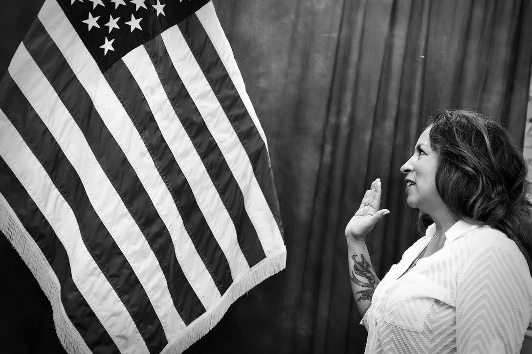 Ms. Carmela Merkel, incoming suicide prevention program manager for the 85th Support Command, takes an oath swearing her in as the command's new Suicide Prevention Program Manager, October 17, 2016.
(Photo by Mr. Anthony L. Taylor)