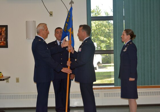 Lt. Col. Robert Donaldson (center) assumes command of the 109th Maintenance Group from Col. Alan Ross, 109th Airlift Wing vice commander, during a change of command ceremony at Stratton Air National Guard Base on Sept. 11, 2016. Col. Denise Donnell (right), outgoing 109th MXG commander, was selected as the 105th Airlift Wing vice commander at Stewart Air National Guard Base in Newburgh, New York. (U.S. Air National Guard photo by Master Sgt. William Gizara/Released)