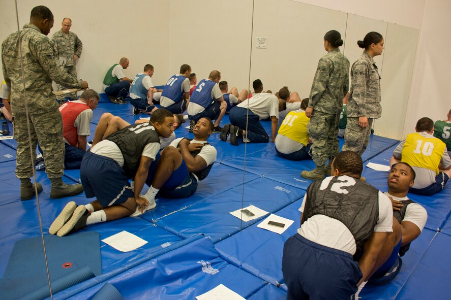 U.S. Air Force Reserve Senior Airman Gary Dyer (#12) counts off sit-ups for Senior Airman Shyhim Barron, during their physical fitness assessment test at Little Rock Air Force Base, Ark., Oct. 16, 2016. Both Dyer and Barron are activation resource management journeymen assigned to the 327th Airlift Squadron. Many Airmen push themselves to score 90 or above on the assessment, which allows them to test annually, rather than biannually. (U.S. Air Force photo by Master Sgt. Jeff Walston/Released)