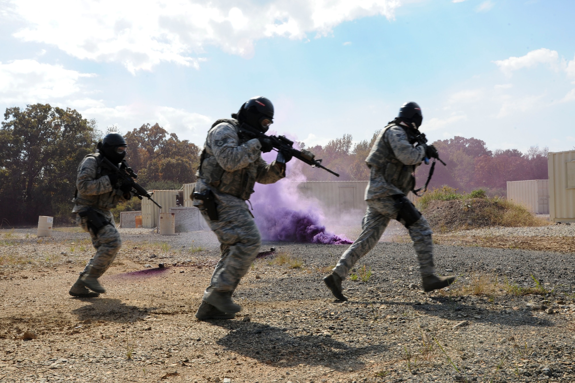 Defenders from the 19th Security Forces Squadron participate in force-on-force training Oct. 12, 2016, at Little Rock Air Force Base, Ark. Force-on-force training is an annual requirement to prepare security forces members for deployments and combat operations. (U.S. Air Force photo by Senior Airman Stephanie Serrano)