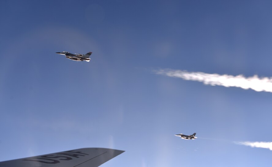 A pair of U.S. Air Force F-16 Fighting Falcons assigned to the 36th Fighter Squadron out of Osan Air Base, Republic of Korea, flies in formation with a KC-135 Stratotanker out of McConnell Air Force Base, Kan., Oct. 10, 2016, during a RED FLAG-Alaska (RF-A) 17-1 mission. RF-A exercises are vital to maintaining peace and stability in the Indo-Asia-Pacific region and signify the United States' commitment to its partners throughout the area. (U.S. Air Force photo by Master Sgt. Karen J. Tomasik)